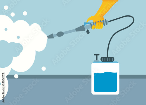disinfect and clean activity with hand using sprayer machine