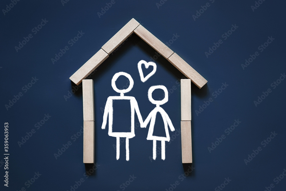 house model, simple chalk drawing, dad and mom family, concept of a private house, happy family, love and cosiness at home