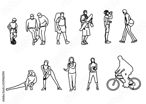 Silhouettes of people who play sports. Boy with a ball. Men with a backpack, skateboard, helmet, Bicycle. Female - gymnasts.