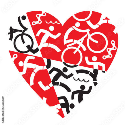 I love Triathlon, running, swimming, cycling.
Illustration with red and black heart symbol with triathlon athletes, swimmers, cyclists, runners. Useful as  t-shirt design. Vector available.