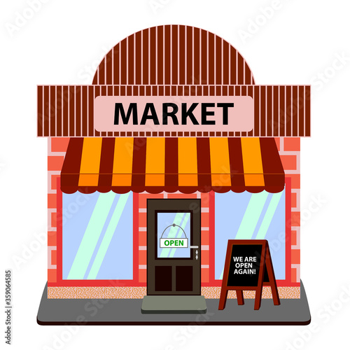 Store, market or shop is open again. Business reopening concept. Hanging label OPEN, Vector illustration.