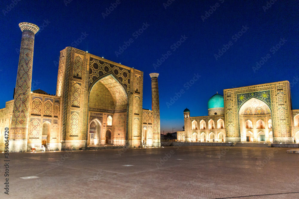 Evening view of the Registan square in Samarkand, Uzbekistan