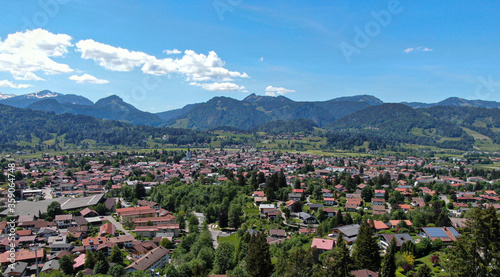 Aerial view over the city of Oberstdorf Bavaria Germany - capital of annual Ski Jump tournament © 4kclips