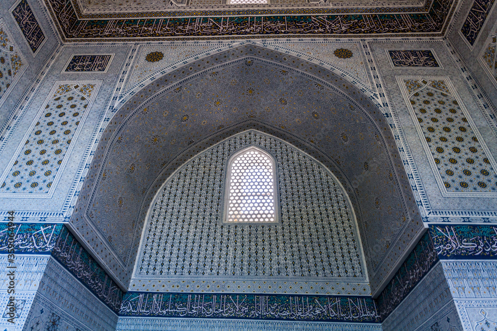 SAMARKAND, UZBEKISTAN: APRIL 28, 2018: Interior of Bibi-Khanym Mosque in Samarkand, Uzbekistan