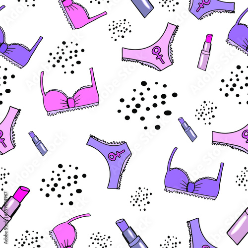 Seamless pattern of female underwear. Hand drawn vector doodle underpants with feminist sign, bra and lipstick. Trendy fashion illustration design for wrapping paper, packaging. Isolated on white