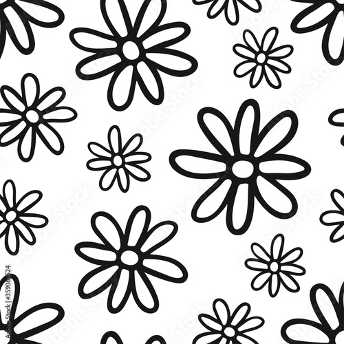 Black contour daisy flowers isolated on white background. Cute monochrome seamless pattern. Hand drawn vector flat graphic illustration. Texture.