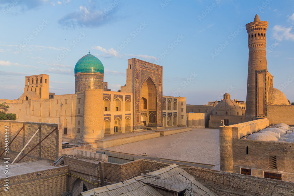 Mir-i-Arab Madrasa and Kalan minaret and mosque in Bukhara, Uzbekistan