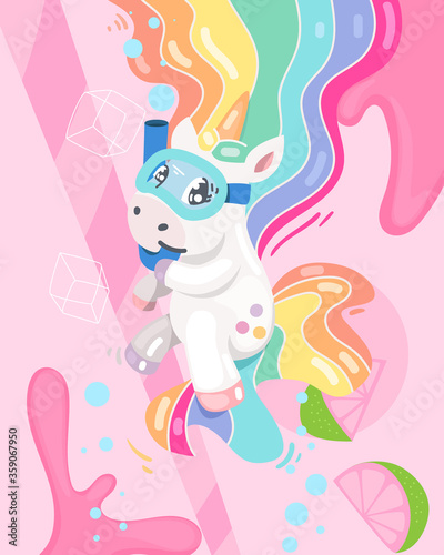 Cute little unicorn floating in lemonade. Vector cartoon children illustration