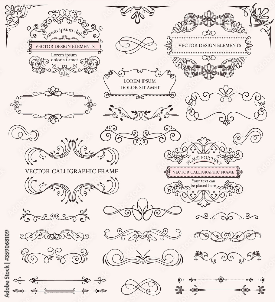 Large set of different decorative calligraphic frames and patterns for use as design elements with copyspace for text, vector illustration Large set of different decorative calligraphic frames and patterns for use as design elements with copyspace for text, vector illustration