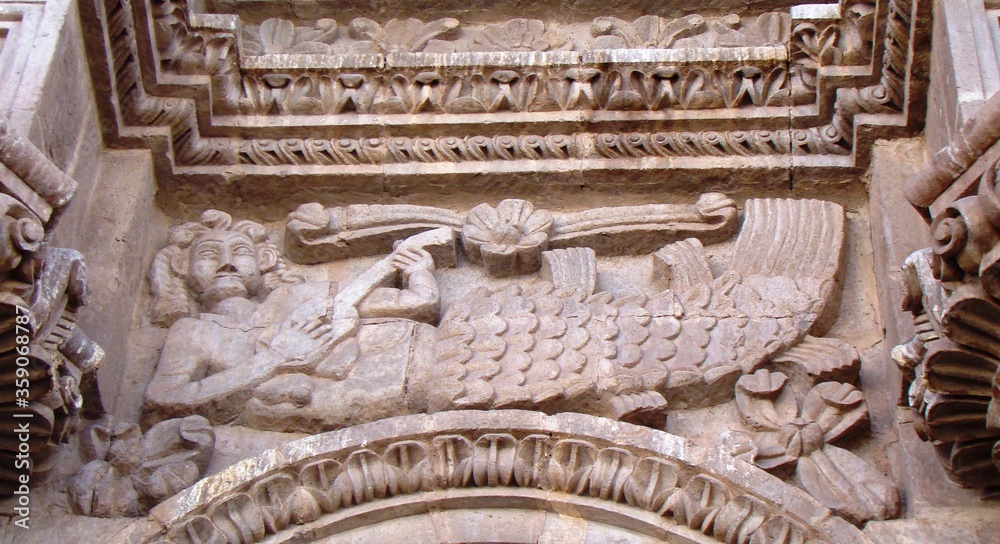 Sculpted mermaid (18th century, andean baroque) on cathedral of Puno (Lake Titicaca, Peru)