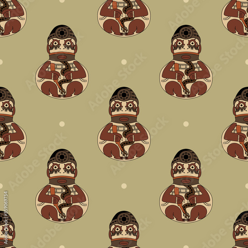 Seamless ethnic pattern with native american motifs from ancient Peru. Naska figurine of shaman. 