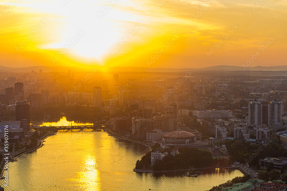 Aerial view of sunset over Yekaterinburg, Russia Aerial view of sunset over Yekaterinburg, Russia