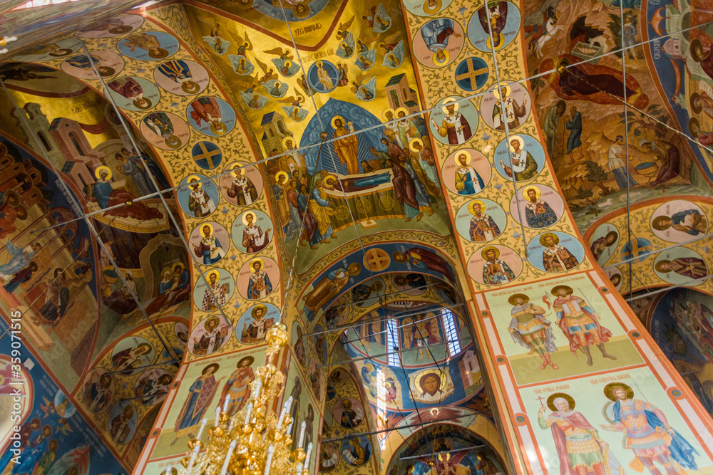 TOBOLSK, RUSSIA - JULY 4, 2018: Interior of St. Sophia-Assumption Cathedral (Sofiysko-Uspenskiy Kafedralnyy Sobor) in the complex of Tobolsk Kremlin, Russia