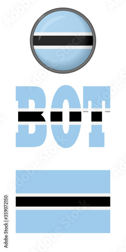 Set of icons of the flags of Botswana on a white background. Vector image: flag of Botswana, the button and the abbreviation. You can use it to create a website, print brochures or a guide book.