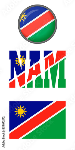 Namibia flag icons set on a white background. Vector image: flag of Namibia, the button and the abbreviation. You can use it to create a website, print brochures, booklets, flyers, and travel guides