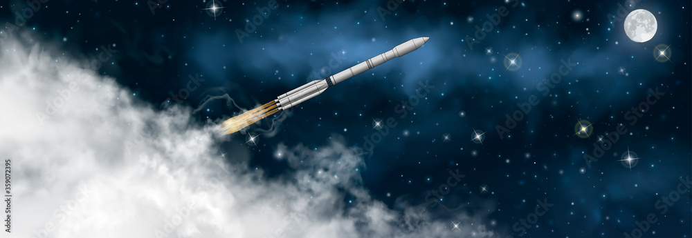 Space rocket flies at the angle through the universe. Realistic spaceship inside the thick smoke clouds going to outer space with stars and moon background. Vector galaxy exploration illustration. - obrazy, fototapety, plakaty 
