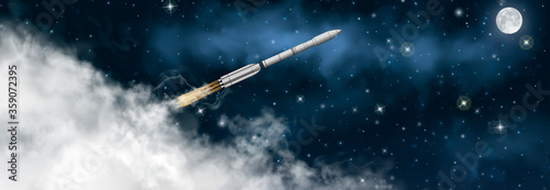 Fototapeta Naklejka Na Ścianę i Meble -  Space rocket flies at the angle through the universe. Realistic spaceship inside the thick smoke clouds going to outer space with stars and moon background. Vector galaxy exploration illustration.