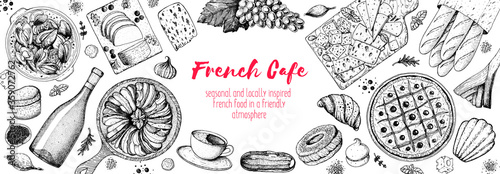 French food top view, Hand drawn. Classic French dishes. Food menu design template. Hand drawn sketch vector illustration. Cheese, wine, bakery, desserts, gourmet food.