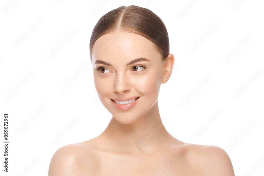 Beauty woman face with brown eyes looking away, isolated on white background. Skin care treatment or cosmetic ads concept. Beautiful female model with perfect fresh and clean skin Beauty woman face with brown eyes looking away, isolated on white background. Skin care treatment or cosmetic ads concept. Beautiful female model with perfect fresh and clean skin