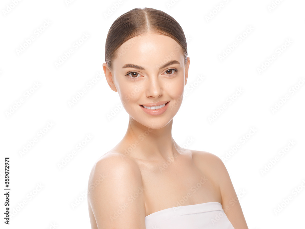Young beautiful woman with brown eyes posing with naked shoulders, isolated on white background. Beauty skin care cosmetic ads Young beautiful woman with brown eyes posing with naked shoulders, isolated on white background. Beauty skin care cosmetic ads