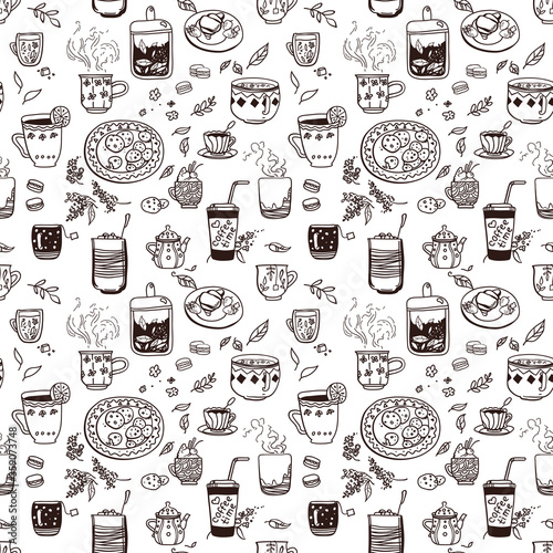 Hand-drawn cute seamless pattern with coffee herbal tea  sweets and flowers. For text  for cosmetics  beauty products  organic and healthy food  culinary project or blog.