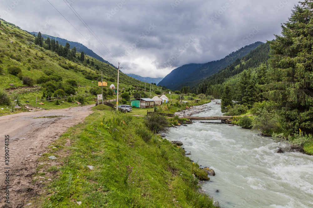 Village in Karakol river valley in Kyrgyzstan