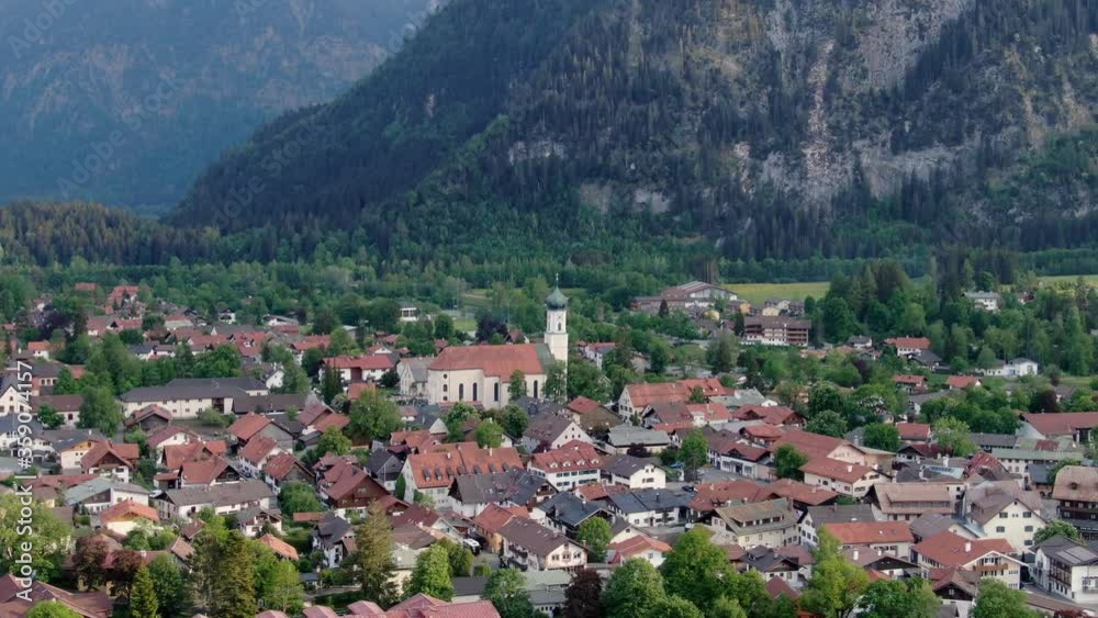 Aerial view over the city of Oberammergau in Bavaria Germany. High quality 4k drone footage Aerial view over the city of Oberammergau in Bavaria Germany. High quality 4k drone footage