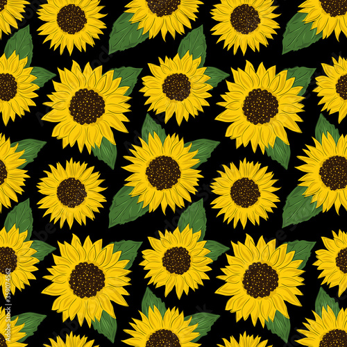 Seamless pattern with sunflowers on black background. Collection decorative floral design elements. Flowers, buds and leaf. Vintage hand drawn vector illustration in sketch and cartoon style.