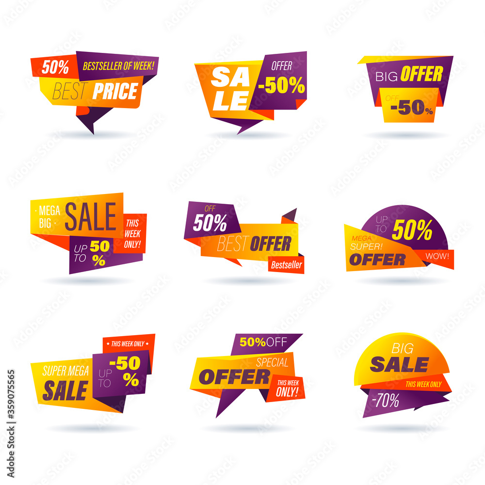 Set of retail sale badge. Stickers online shopping origami style for social media ads and banners, website badges, marketing, labels and stickers for products promotion template. Vector illustration.