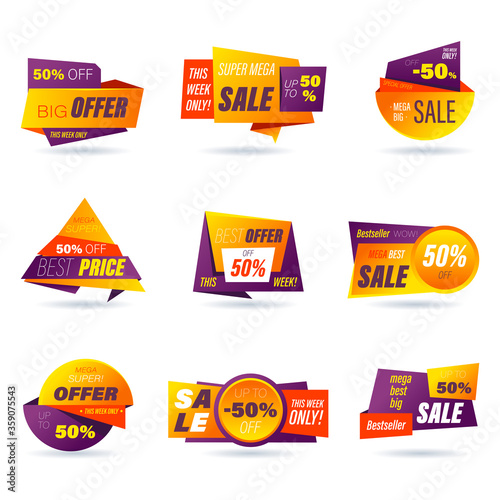 Set of retail sale badge. Stickers online shopping origami style for social media ads and banners, website badges, marketing, labels and stickers for products promotion template. Vector illustration.