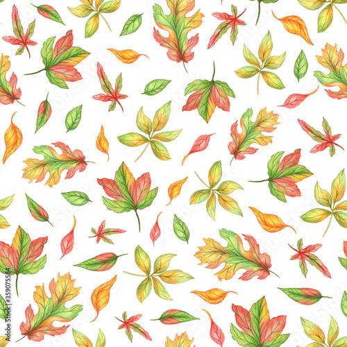 Seamless pattern with watercolor autumn leaves. Endless orange leaf pattern. Autumn background. Tree background. Botanical illustration.