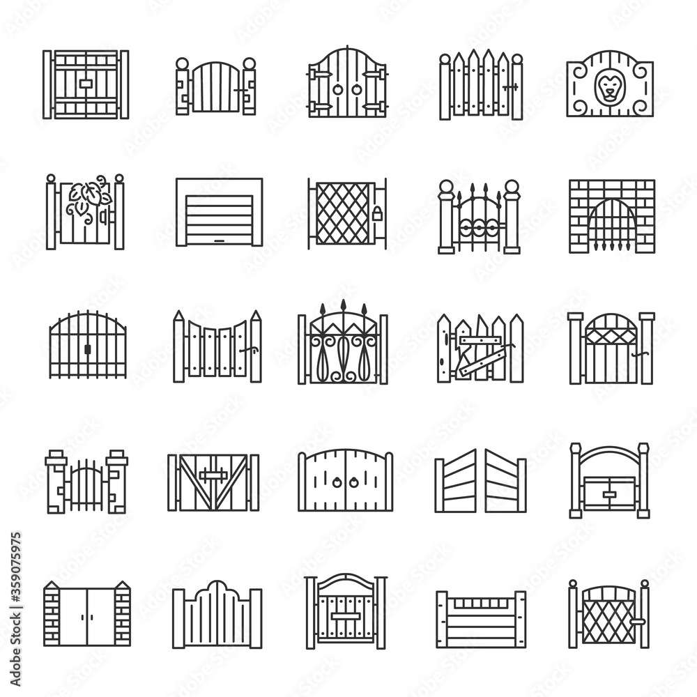 Gate, icon set. Gateway made of wood, iron, stone, brick. big and small. for urban facades, castles, building. linear icons. Line with editable stroke