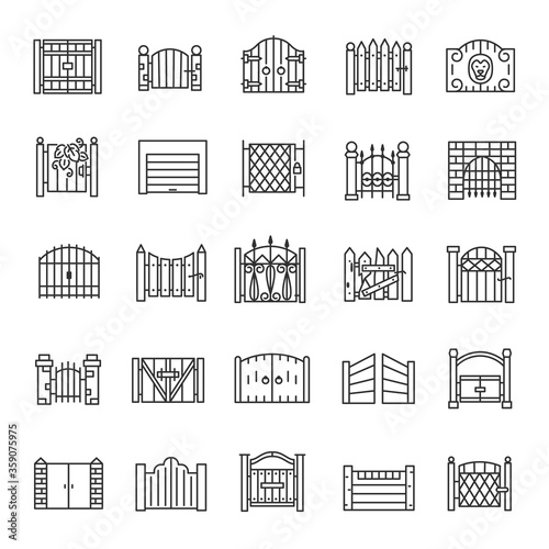 Gate, icon set. Gateway made of wood, iron, stone, brick. big and small. for urban facades, castles, building. linear icons. Line with editable stroke