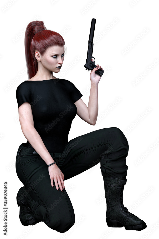 Caucasian Urban Fantasy Woman with Gun on Isolated White Background, 3D Rendering 3D illustration Caucasian Urban Fantasy Woman with Gun on Isolated White Background, 3D Rendering 3D illustration