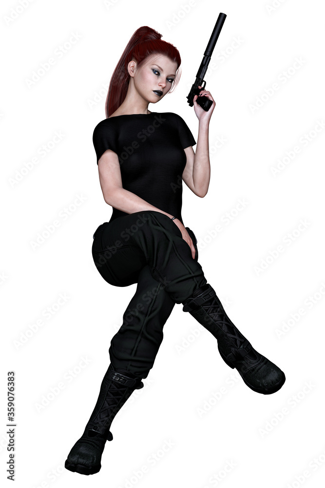 Caucasian Urban Fantasy Woman with Gun on Isolated White Background, 3D Rendering 3D illustration Caucasian Urban Fantasy Woman with Gun on Isolated White Background, 3D Rendering 3D illustration