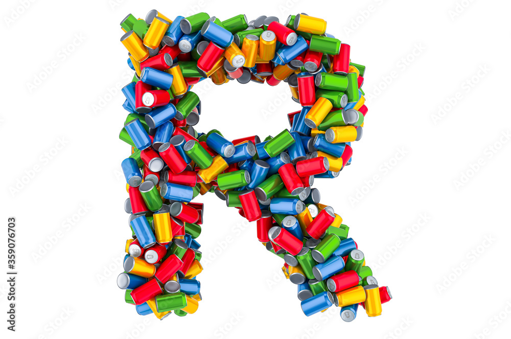 Letter R from colored metallic drink cans, 3D rendering