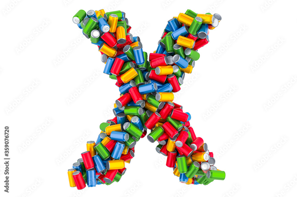Letter X from colored metallic drink cans, 3D rendering Letter X from colored metallic drink cans, 3D rendering