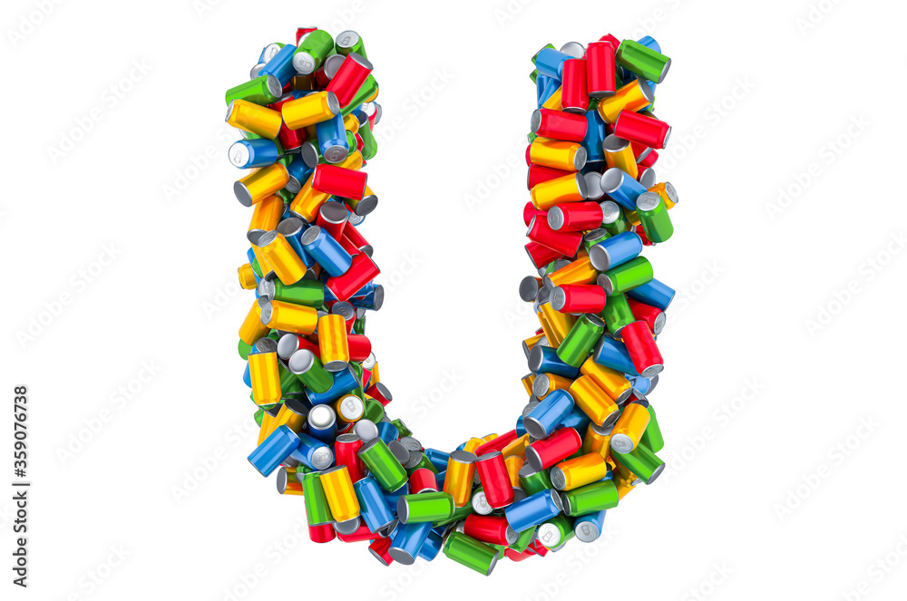 Letter U from colored metallic drink cans, 3D rendering