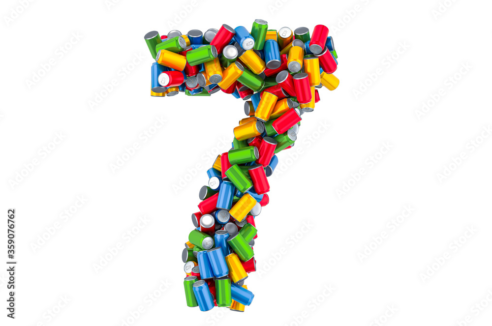 Number 7 from colored metallic drink cans, 3D rendering Number 7 from colored metallic drink cans, 3D rendering
