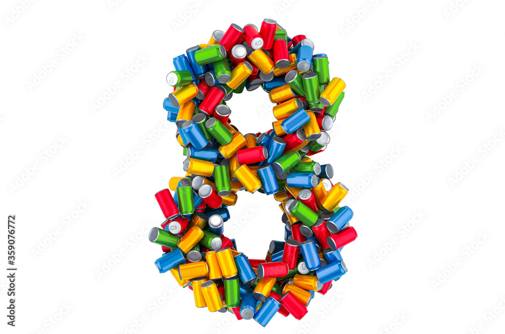 Number 8 from colored metallic drink cans, 3D rendering Number 8 from colored metallic drink cans, 3D rendering