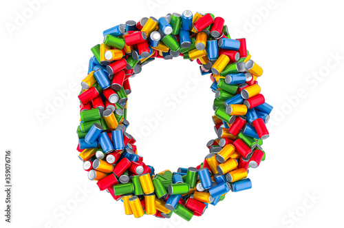 Letter O from colored metallic drink cans, 3D rendering