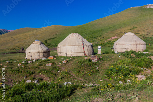Yurt camp in the mountains near Song Kul lake, Kyrgyzstan