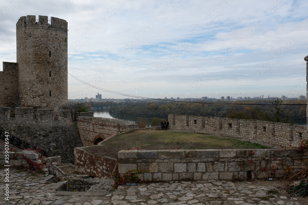 View of the Dizdare Tower and modern Belgrade beyond he Sava River from the walls of the Kalemegdan fortress