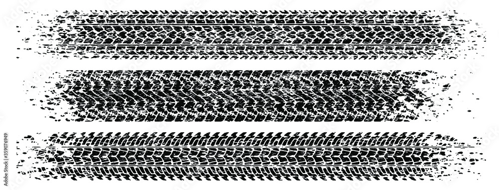 Set of three shabby, grunge style, dirty vector traces of tires.
