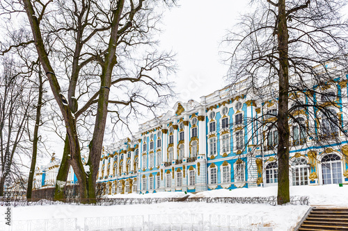 It's Winter panorama of The Catherine Palace is a Rococo palace located in the town of Tsarskoye Selo (Pushkin), 25 km south-east of St. Petersburg, Russia.