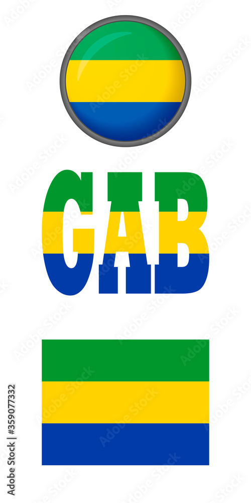 Fototapeta premium Set of icons of the flags of Gabon on a white background. Vector image: flag of Gabon, the button and the abbreviation. You can use it to create a website, print brochures or a guide book.