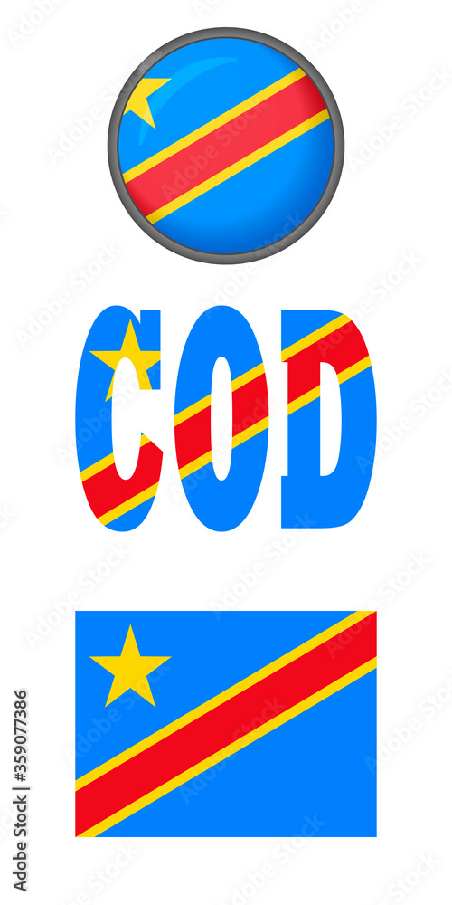 Icons of the flag of the Democratic Republic Of The Congo on a white background. Vector image: flag, button, and abbreviation. You can use it to create a website, print brochures, booklets, flyers