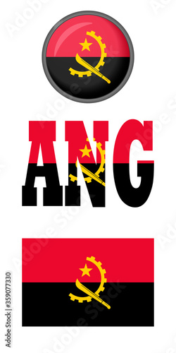 Icons of the Angolan flag on a white background. Vector image: flag of Angola, the button and the abbreviation. You can use it to create a website, print brochures, booklets, flyers, and travel guides
