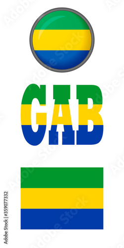 Set of icons of the flags of Gabon on a white background. Vector image: flag of Gabon, the button and the abbreviation. You can use it to create a website, print brochures or a guide book.