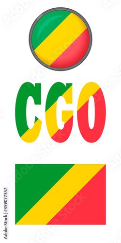 Icons of the flag of the Republic Of The Congo on a white background. Vector image: flag, button, and abbreviation. You can use it to create a website, print brochures, booklets, flyers, guidebook